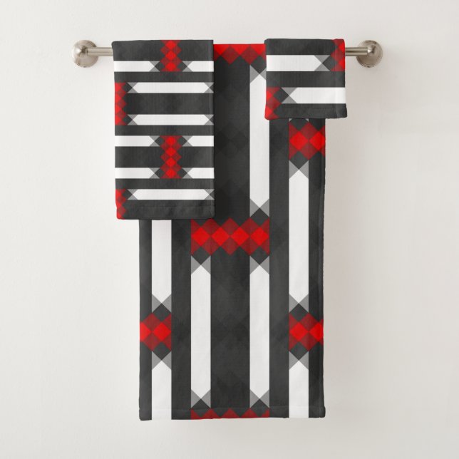 red gray and white geometric bath towel set (Insitu)