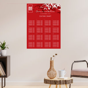 Red & Gray Bamboo Leaves Asian Wedding Seat Chart