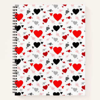 RED GRAY BLACK HEARTS PATTERN NOTEBOOK