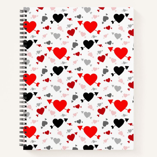 RED GRAY BLACK HEARTS PATTERN NOTEBOOK (Front)
