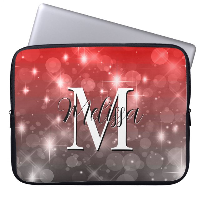 Red & Gray Bokeh Modern Monogram Sparkle Laptop Sleeve (Front)