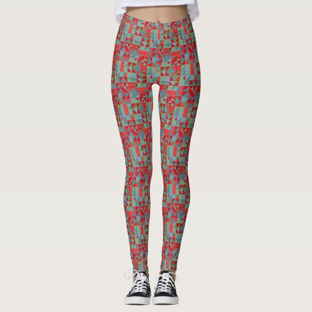 Red, gray, green geometric pattern. leggings (Front)