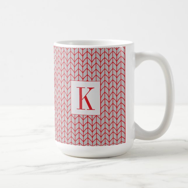 RED GRAY KNIT Tall White Mug + Initial (Right)