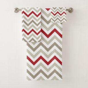 Red Gray White Chevron Pattern Bath Towel Set