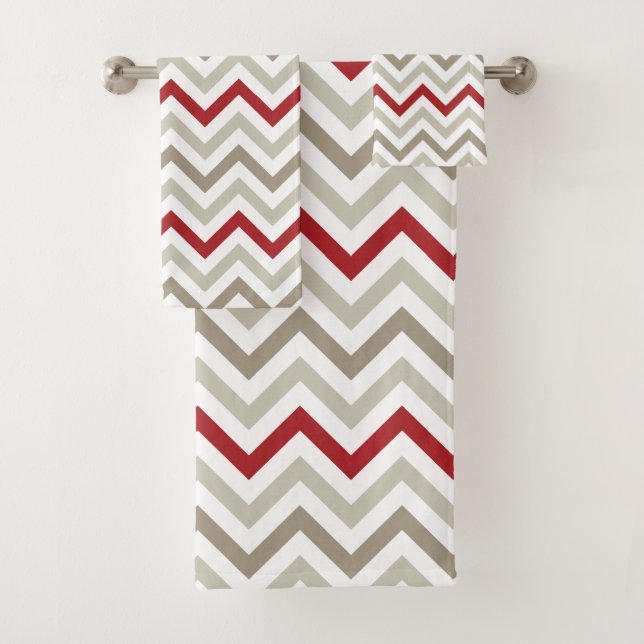 Red Gray White Chevron Pattern Bath Towel Set (Insitu)