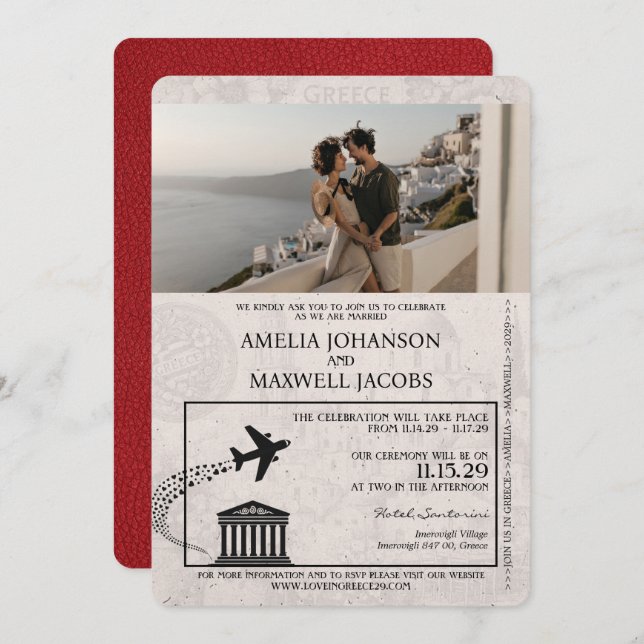 Red Greece Passport Wedding Invitation (Front/Back)
