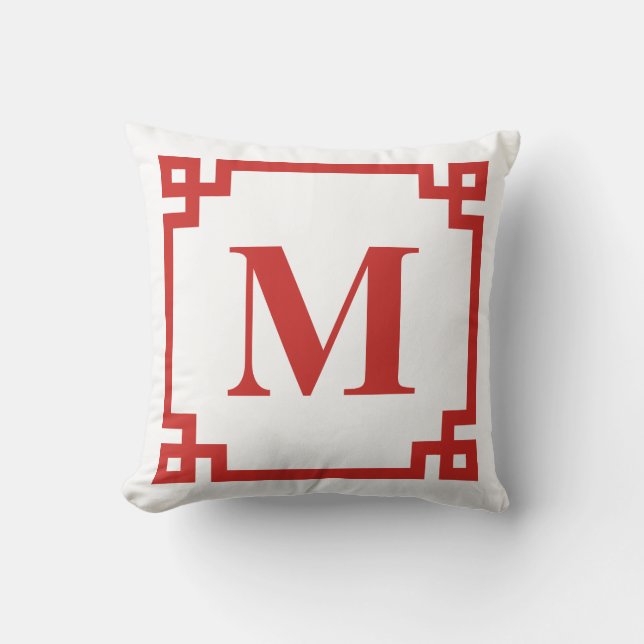 Red Greek Key Border Monogram Cushion (Front)