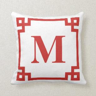 Red Greek Key Border Monogram Cushion