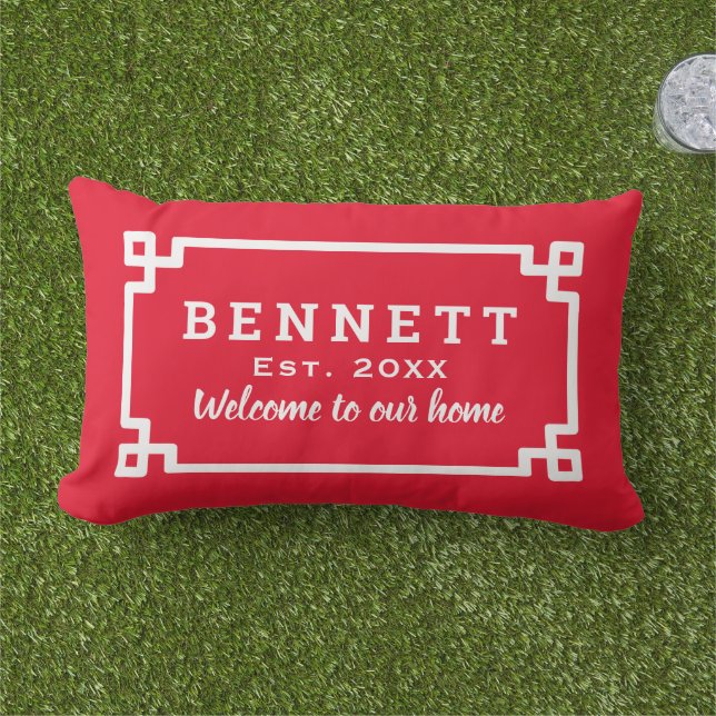 Red Greek Key Monogram Welcome Lumbar Cushion (Grass)
