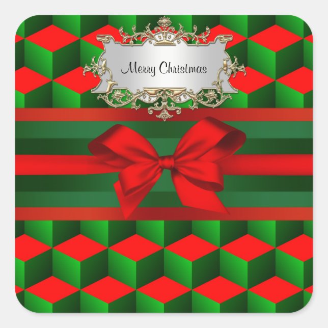 Red & Green 3D Look Cubes Ribbon Christmas Square Sticker (Front)