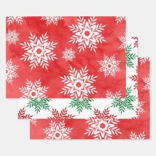 Red, Green Abstract Watercolor Snowflakes   Wrapping Paper Sheet