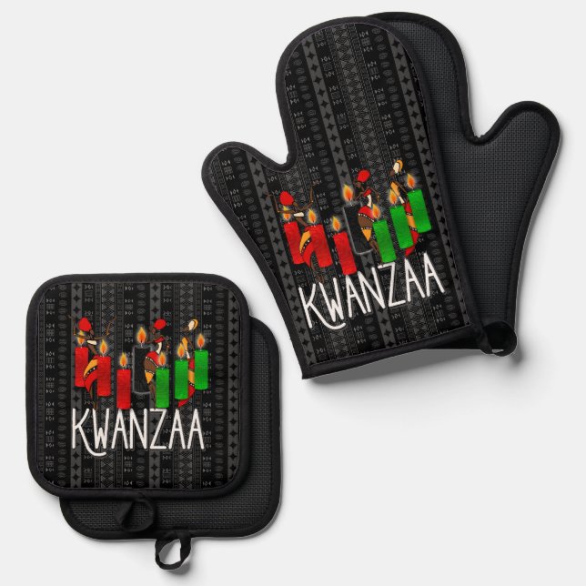 Red Green and Black Tribal Themed Kwanzaa Oven Mitt & Pot Holder Set (Front/Back)