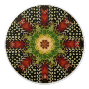 Red, Green, and Black Victorian Quilt Inspired Ceramic Knob