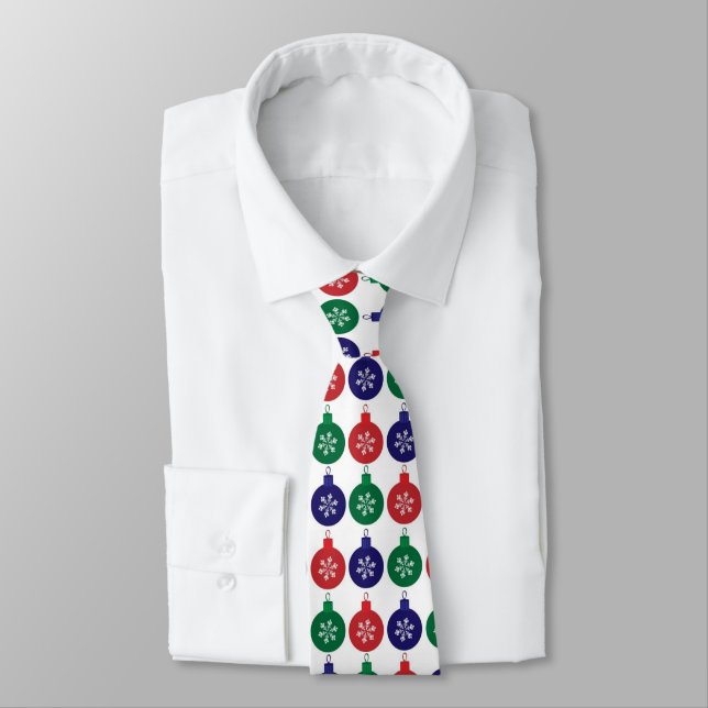 Red Green and Blue Baubles Pattern Christmas Tie (Tied)