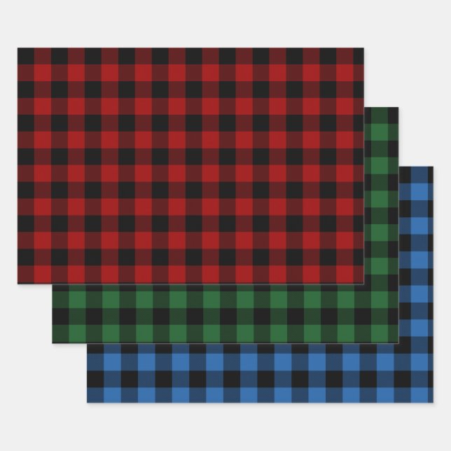 Red, Green, and Blue Buffalo Plaid Holiday Wrapping Paper Sheet (Set)