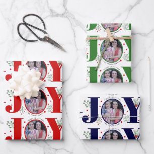 Red, green and blue Joy Christmas holiday photo Wrapping Paper Sheet