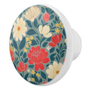 Red, Green, and Cream Floral Chinoiserie Ceramic Knob