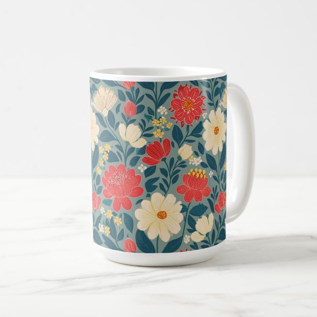 Red, Green, and Cream Floral Chinoiserie Coffee Mug (Front Right)
