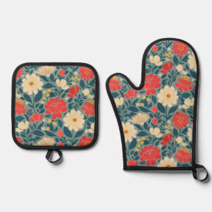 Red, Green, and Cream Floral Chinoiserie Oven Mitt & Pot Holder Set