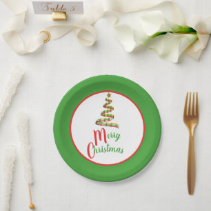 Red, Green, and Gold Art Merry Christmas Tree Paper Plate