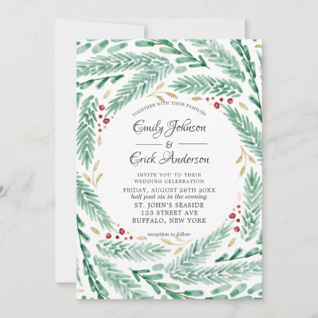Red Green and Gold Pine Leaves Christmas Wedding   Invitation (Front)