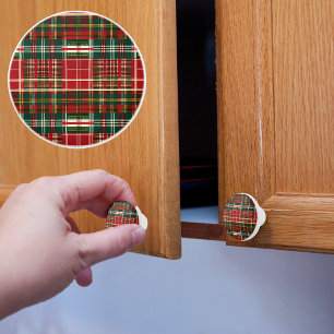 Red, Green, and Gold Rustic Holiday Plaid Ceramic Knob