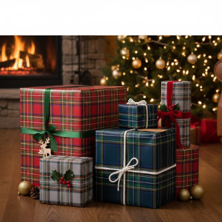 Red, Green, and Grey Tartan Wrapping Paper Flat 