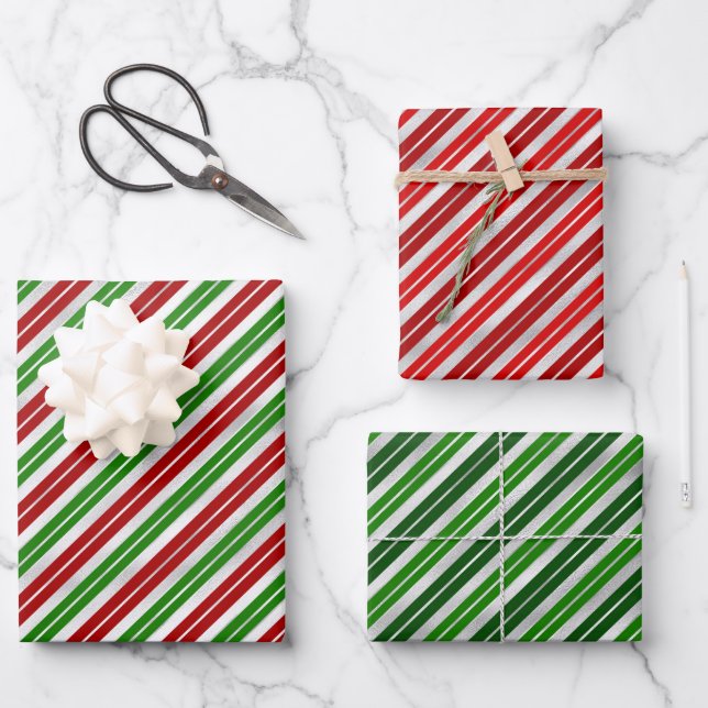 Red, Green and Silver Christmas Stripes Wrapping Paper Sheet (Front)