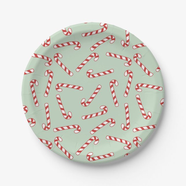 Red, Green and White Candy Cane Christmas Pattern  Paper Plate (Front)