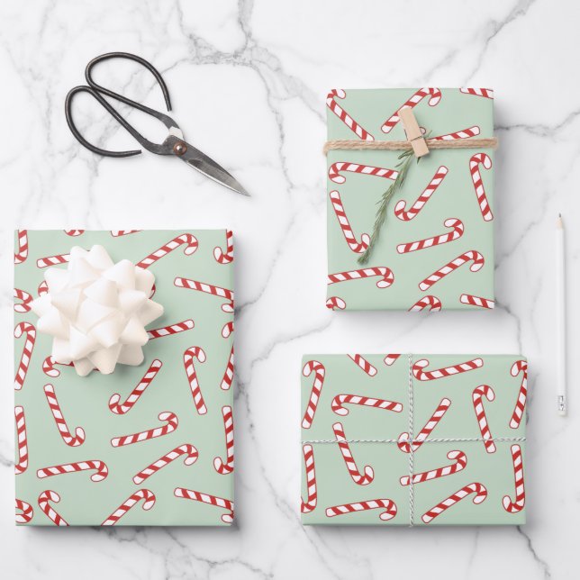 Red, Green and White Candy Cane Christmas Pattern  Wrapping Paper Sheet (Front)