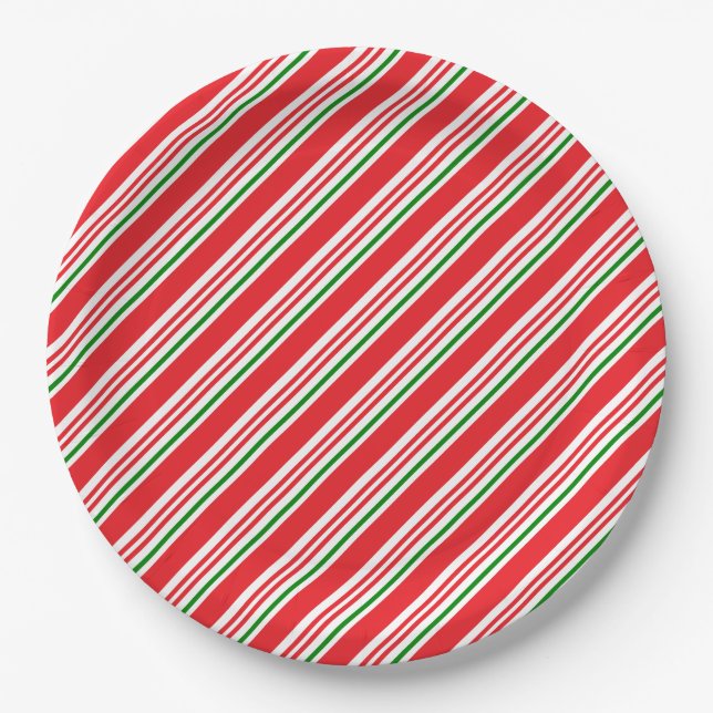 Red Green and White Candy Cane Pattern Custom Paper Plate (Front)