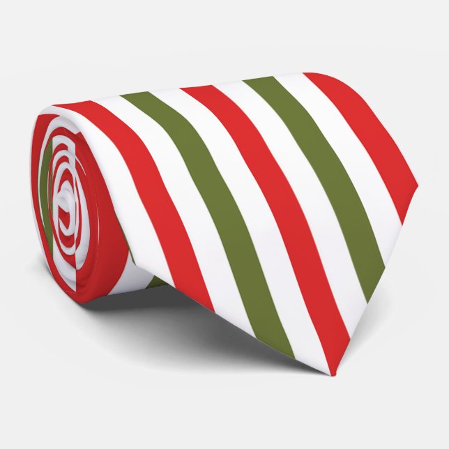 Red Green and White Christmas Stripes Pattern Tie (Rolled)