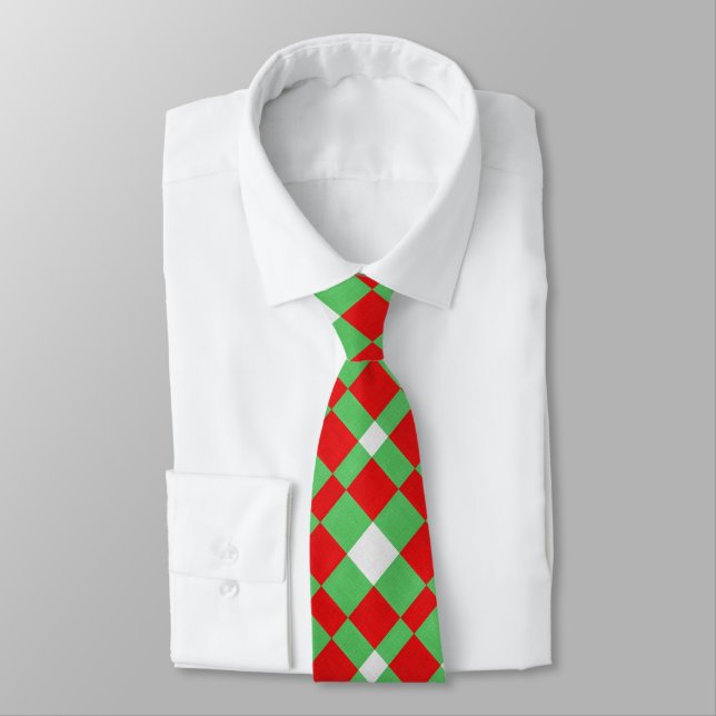 Red Green and White Fabric Geometric Texture  Tie (Tied)