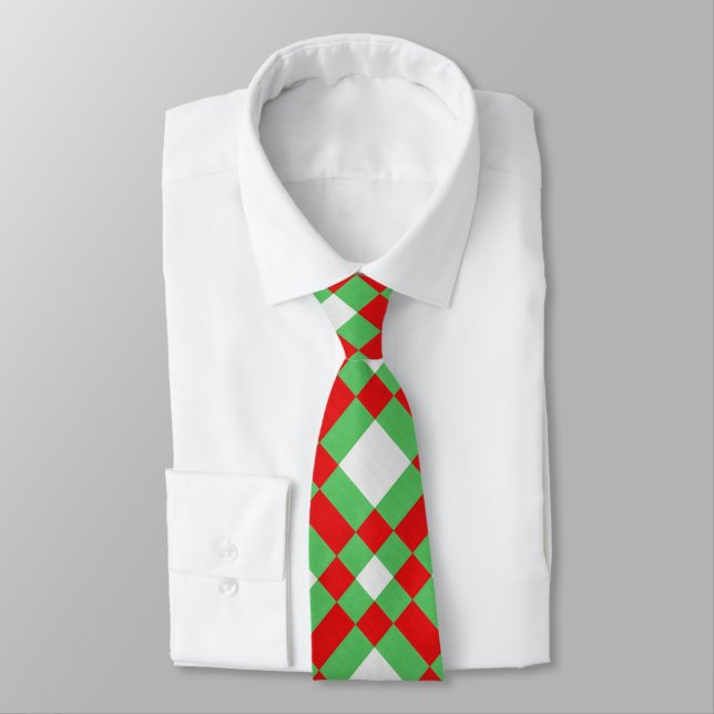 Red Green and White Fabric Geometric Texture  Tie (Tied)