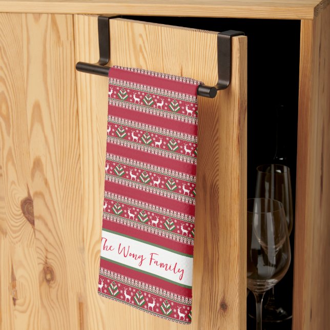 Red Green and White Fair Isle Christmas Tea Towel (Thirds Fold)