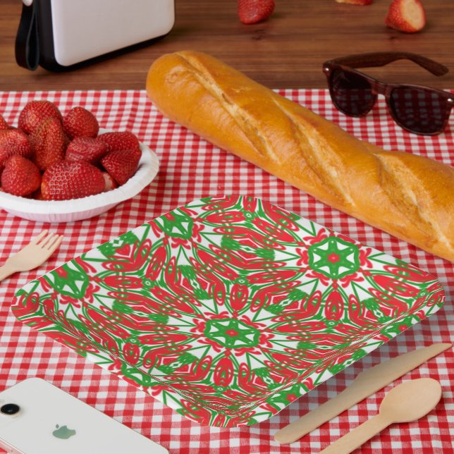 Red, Green and White Kaleidoscope Paper Plate (Picnic)