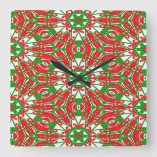 Red, Green and White Kaleidoscope Square Wall Clock