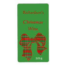 Red Green and White Plaid Bow Holiday Wine Label