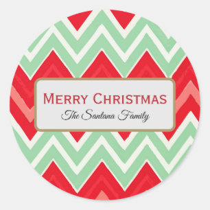 Red Green and White Zig Zag Personalized Merry Chr Classic Round Sticker