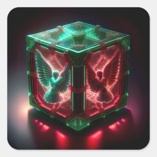 Red & Green Angels Watch Over Metallic Light Box Square Sticker