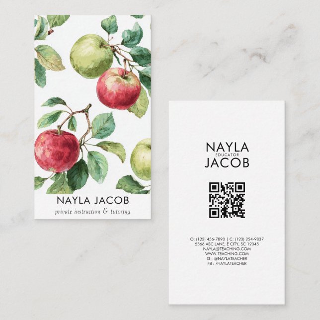 Red Green Apple Fruit Pattern Watercolor Rustic Business Card (Front/Back)