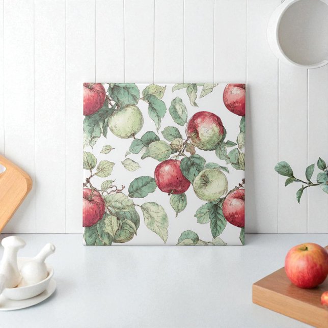Red Green Apple Fruit Pattern Watercolor Rustic  Ceramic Tile (Red Green Apple Fruit Pattern Watercolor Rustic Ceramic Tile)