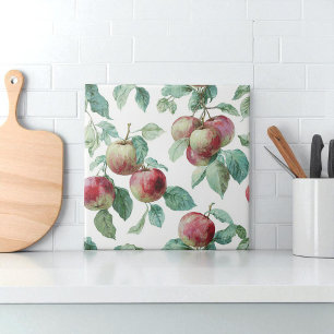 Red Green Apple Fruit Pattern Watercolor Rustic  Ceramic Tile