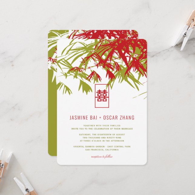 Red Green Bamboo Leaves Double Xi Chinese Wedding Invitation (Front/Back In Situ)