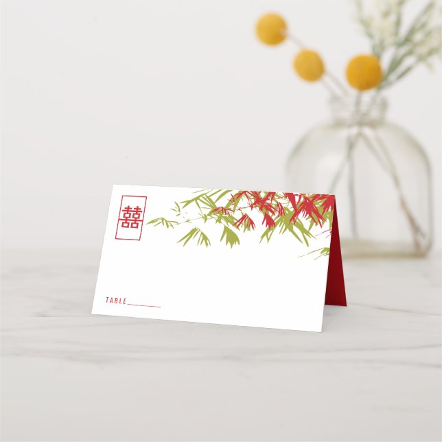 Red Green Bamboo Leaves Double Xi Chinese Wedding Place Card (Front)
