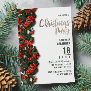 Red green berries leaves winter Christmas Party Invitation Postcard