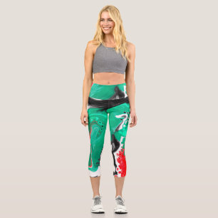 Red, Green, Black and White Marble Fluid Art    Capri Leggings