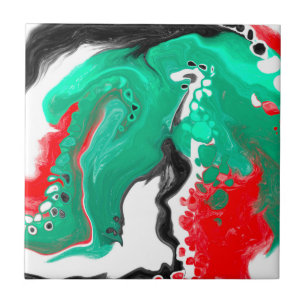 Red, Green, Black and White Marble Fluid Art Ceramic Tile