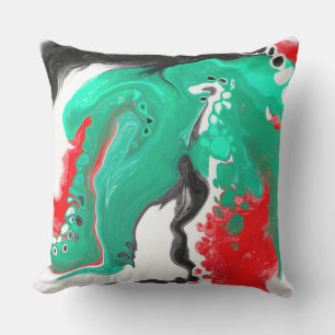 Red, Green, Black and White Marble Fluid Art    Cushion