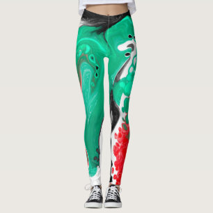 Red, Green, Black and White Marble Fluid Art  Leggings